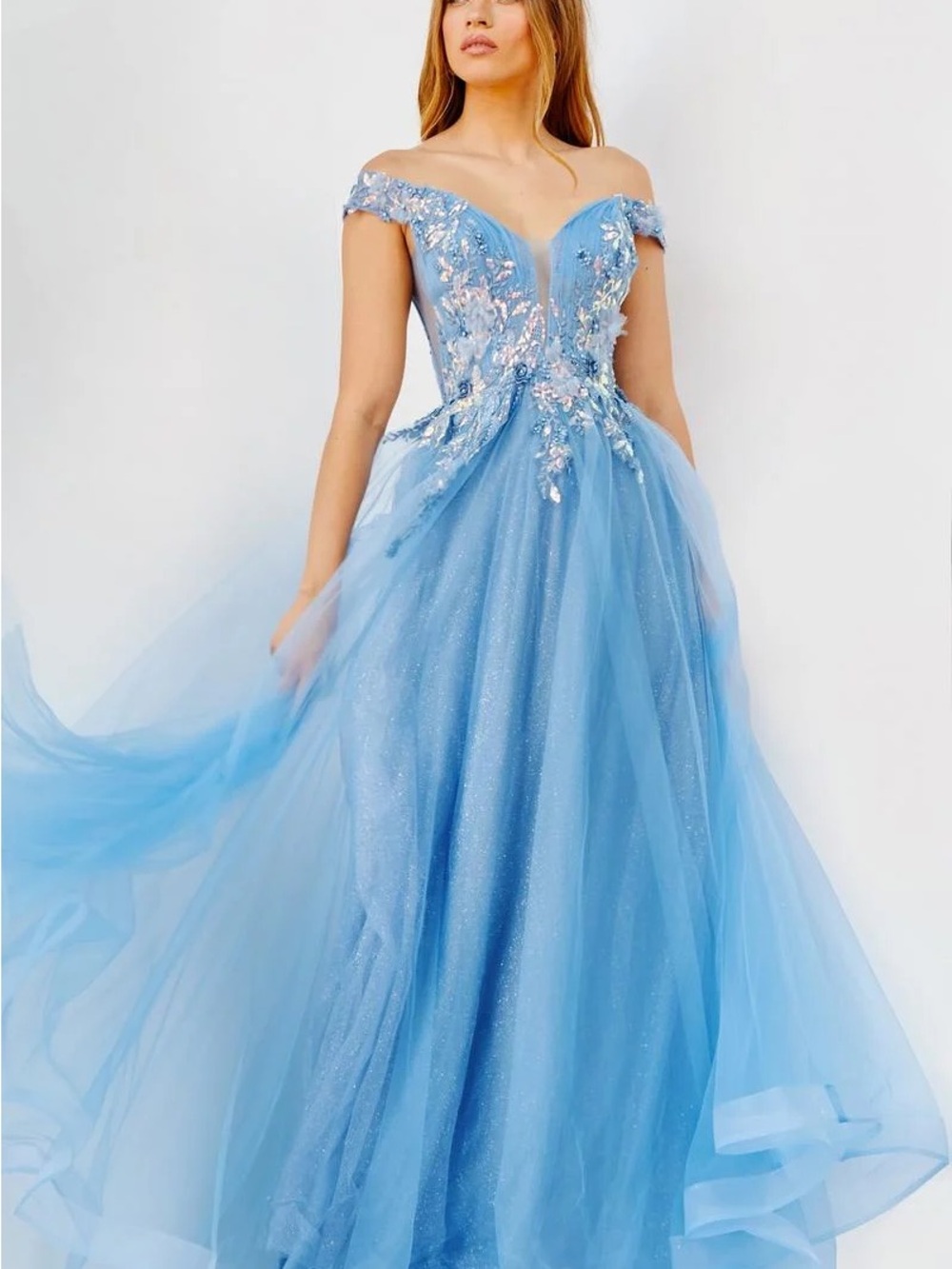 JVN by Jovani Light Blue Off-the-Shoulder Sparkle Tulle Gown